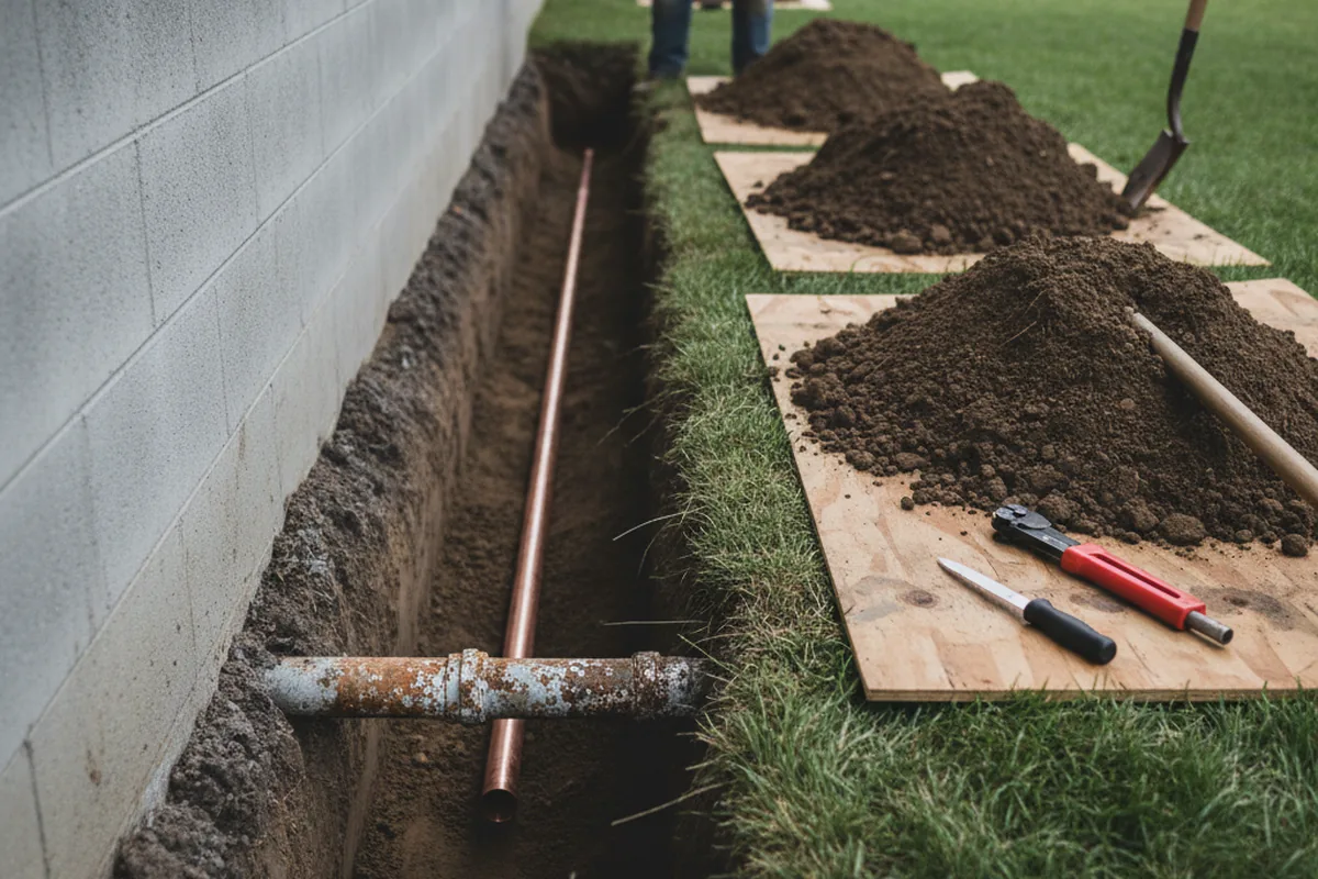 Excavated water line trench during Water Heater Repair in Demotte